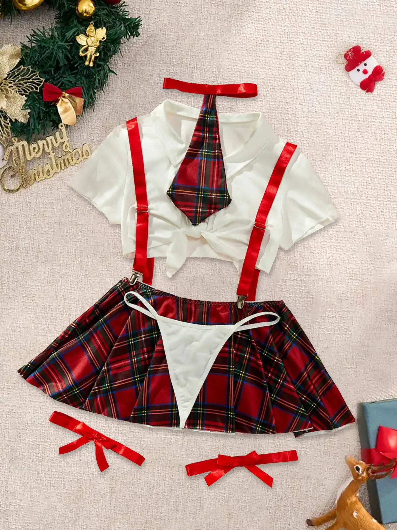 Christmas Sexy Plaid Print Crop Top Set, Includes Skirt, Thong, Tie & Leg Rings, Adjustable Straps, Perfect for Cosplay
