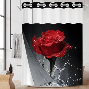 1PC 2D Flat Red Rose Water Splash Pattern Double-Layer Woven Shower Curtain (No Hooks), Transparent Top Window, Removable Liner with Clips, Modern and Personalized Bathroom Partition Art Decoration, Bathroom Decor, Holiday Decoration, Bathroom Accessory