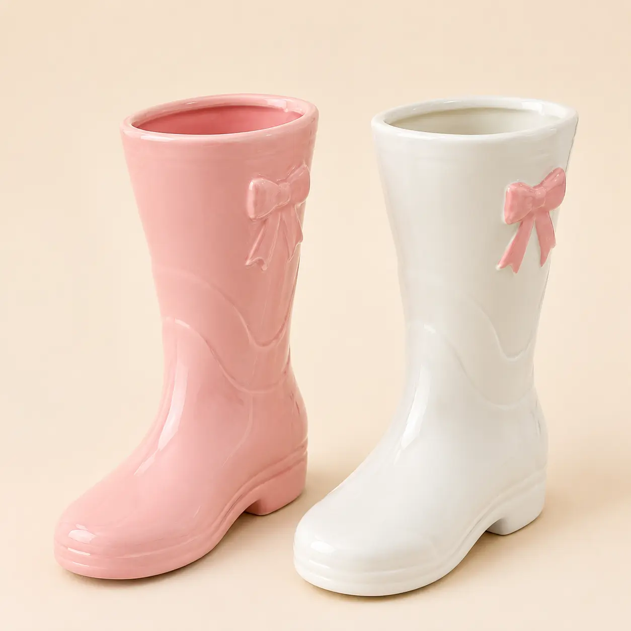 Cute Boot Shaped Ceramic Vase with Bow Detail, Pink & White Flower Vase for Home Decor, Romantic Farmhouse Table Centerpiece