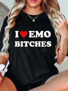 100% Cotton I Heart Emo Bitches Funny Quote Red Heart Emo Girl Style T-Shirt