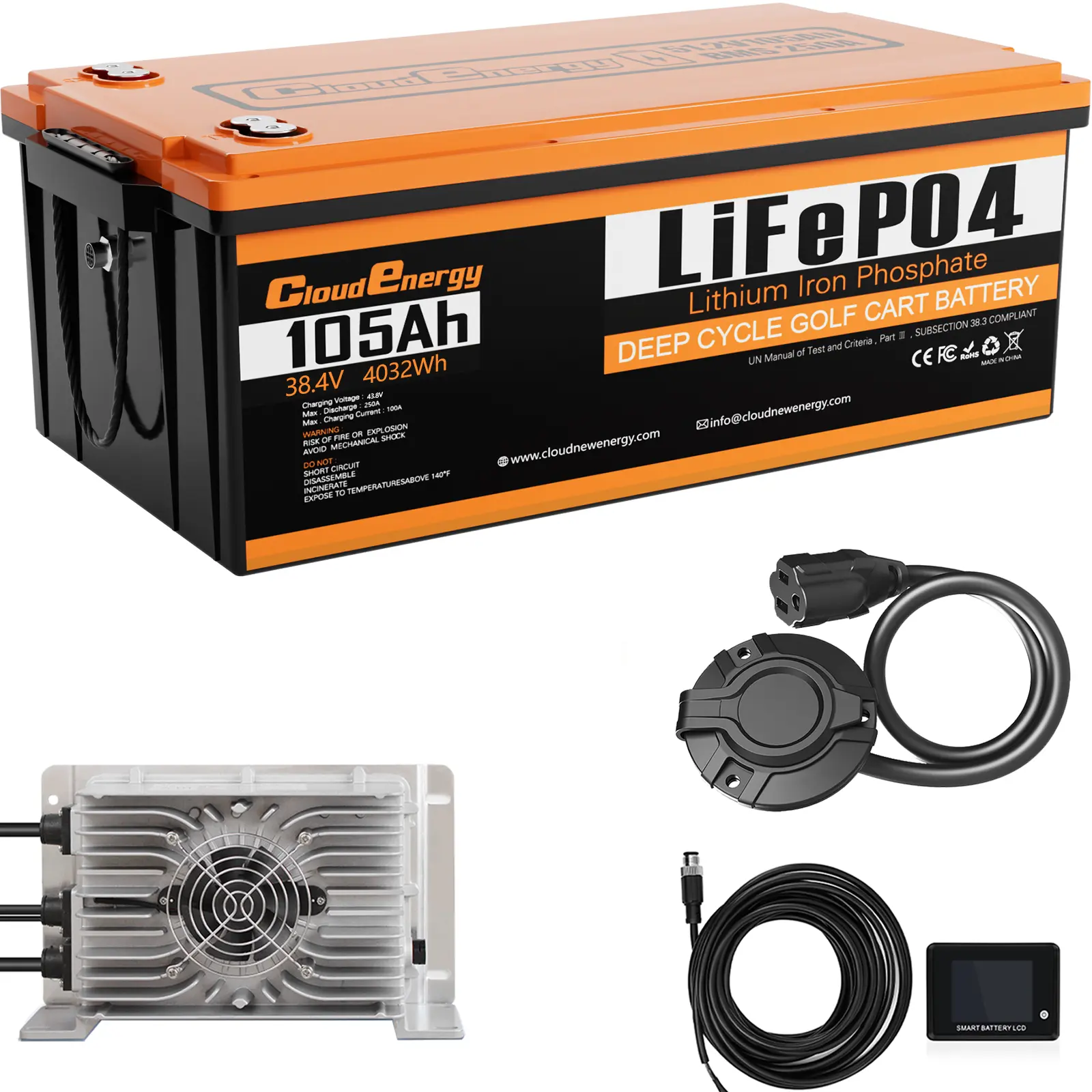 36V(38.4V) 105Ah LiFePO4 Golf Cart Battery Built-in 250A Bluetooth BMS,with 20A Charger,Touch Monitor,6000+ Cycles,Dual M8 Terminals,Perfect for Golf Carts