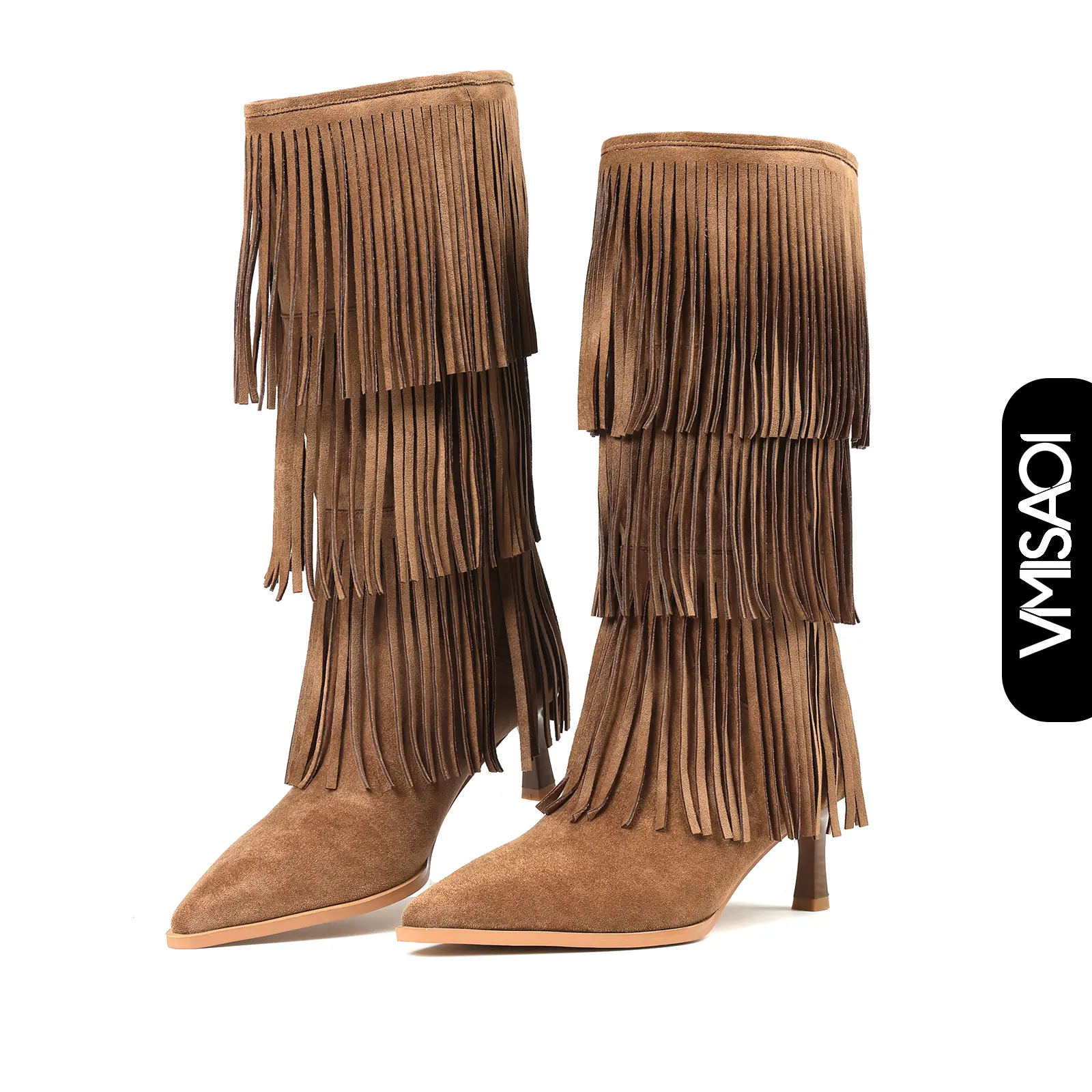 Women Fringe Knee High Boots Mid Calf Pointed Toe Kitten Heel Suede Wide Calf Pull On Cowboy Chic Boho Rustic Vintage Old Money Western Style Country Concert Festival Fair Line Dancing Streetwear Holiday Dress Cowgirl Boots