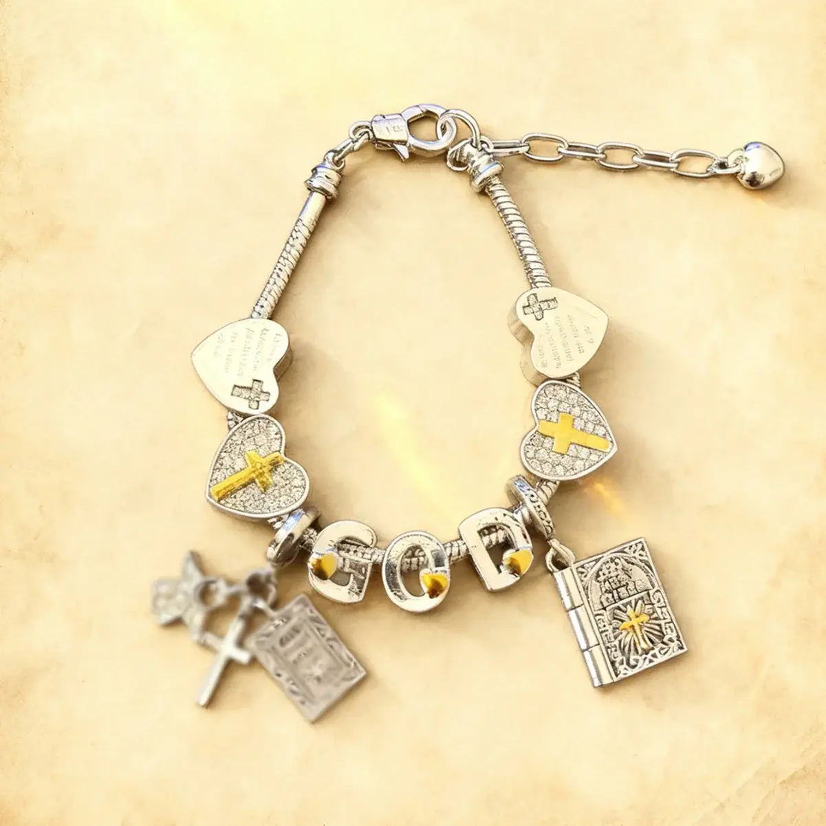 Vintage Silver Cross Bracelet – Bible, Love & Angel Charms with Rhinestones, Removable Adjustable Faith Jewelry