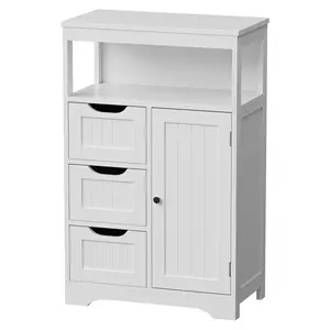 New Choice Deal Bathroom Floor Storage Cabinet Modern White Wooden Kitchen Cupboard W/Adjustable Shelf & 3 Drawers