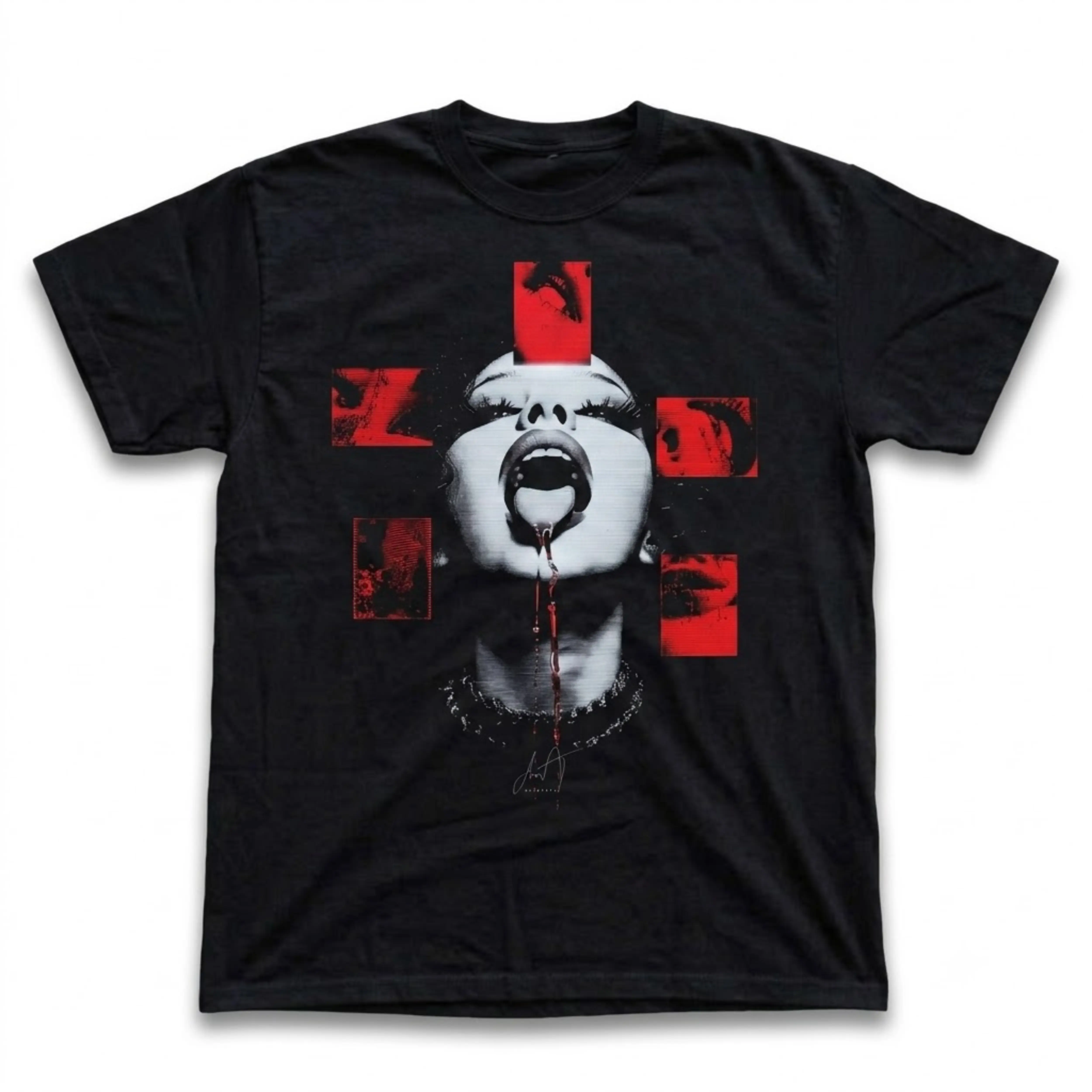 Gildan Men's and Women's T-Shirt, Vintage Gothic Portrait Graphic Tee, Red Cross Photo Grid Shirt, Vampire Girl Aesthetic Top, Cyber Goth Clothing, Y2K Grunge Streetwear, Opium Core Apparel, Dark Alt Rock Punk Fashion, Edgy Indie Clothes Unisex