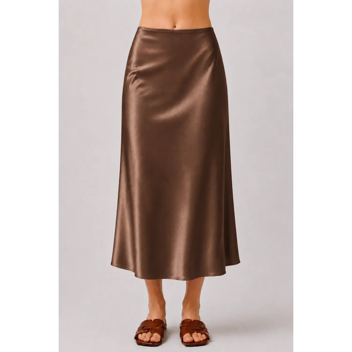 Women's Elastic Solid Color Smooth Stretch Satin A-Line Midi Skirt - Spandex-Blend, Lightweight, Essential Elegant Slip Bottom, Elastic Skirt, Solid Color Skirt