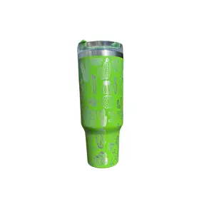 "Cactus" Engraved Wrapped 40 oz Double Insulated Stainless Steel Tumbler with Straw Lid & Handle Portable Stylish Water Bottle in Green