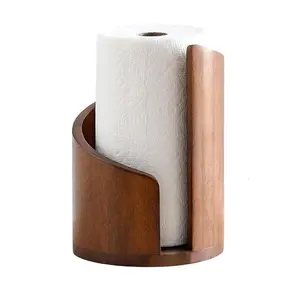 Paper Towel Holder with Iron Base, Mango Wood Stand, Single Hand Operation, Suitable for Giant Rolls, Modern Countertop Towel Rack