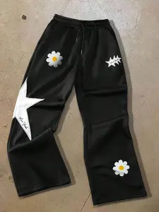 Unisex Star Daisy Print Wide Leg Pants, Vintage American Street Style, Soft Fleece Fabric, Drawstring Waist, Loose Fit, Casual Long Pants