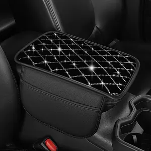 Universal Car Center Console Cover Waterproof Armrest Cover with Diamond & 2 Storage Pockets Scratch Resistant Auto Arm Rest Pad (Black)