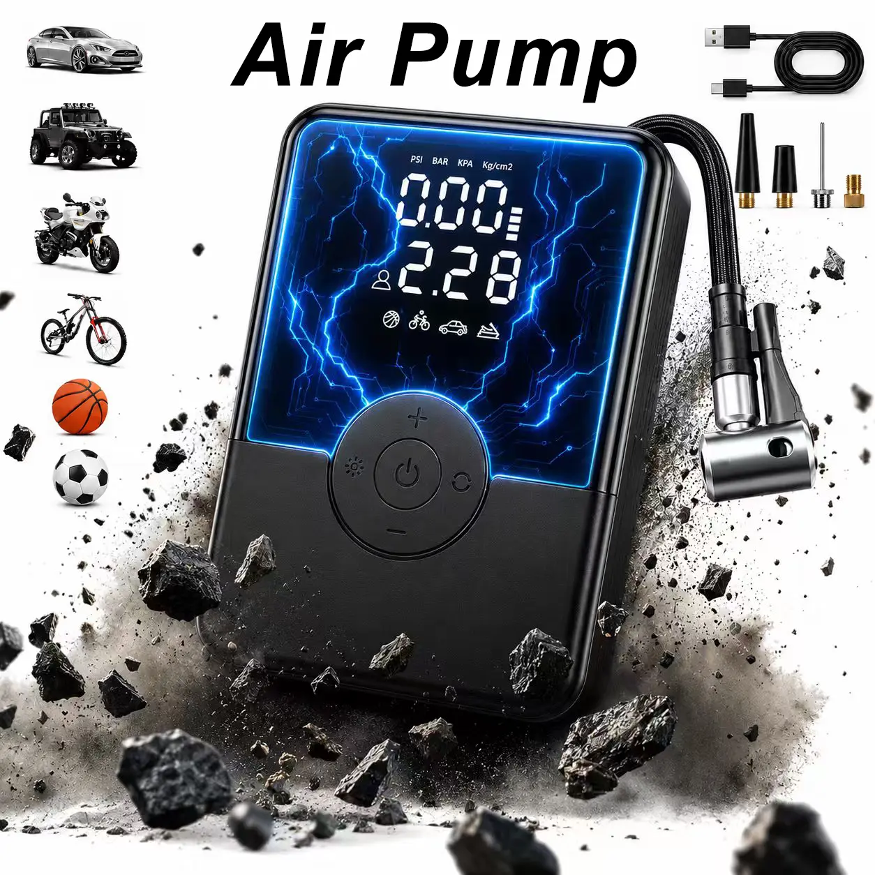 New Portable Tire Inflator 150 PSI, Cordless Air Compressor with Digital Pressure Gauge, Rechargeable Car Tire Pump with LED Light & Auto Shut-Off, for Cars, Bikes, Motorcycles & Sports Balls