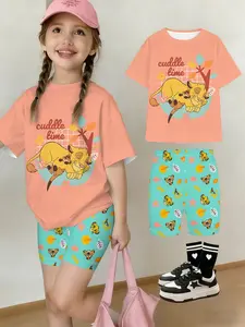 Girls Lion King Series Parent-Child Theme Short Sleeve Shorts Set, Simba Father Son Leaf Pattern, Casual Daily Wear, Warm
