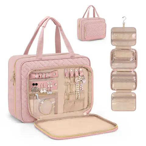 Wedama Women's Hanging Toiletry Bag Travel Cosmetic Bag with Jewelry Partition, Large Capacity Waterproof Makeup Pouch for Cruise Travel, Business Trips,Travel
