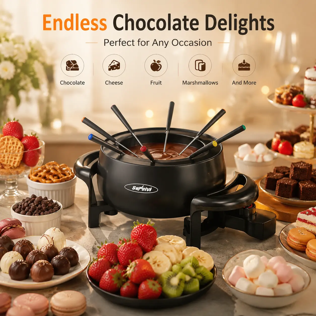 Sunvivi Durable Electric Fondue Pot Set - 3 Qt Multifunctional Hot Pot Kitchen Appliance, 1000W Non-Stick Maker with Adjustable Temperature Control, 8 Color-Coded Forks for Chocolate, Cheese, Kitchen Appliances