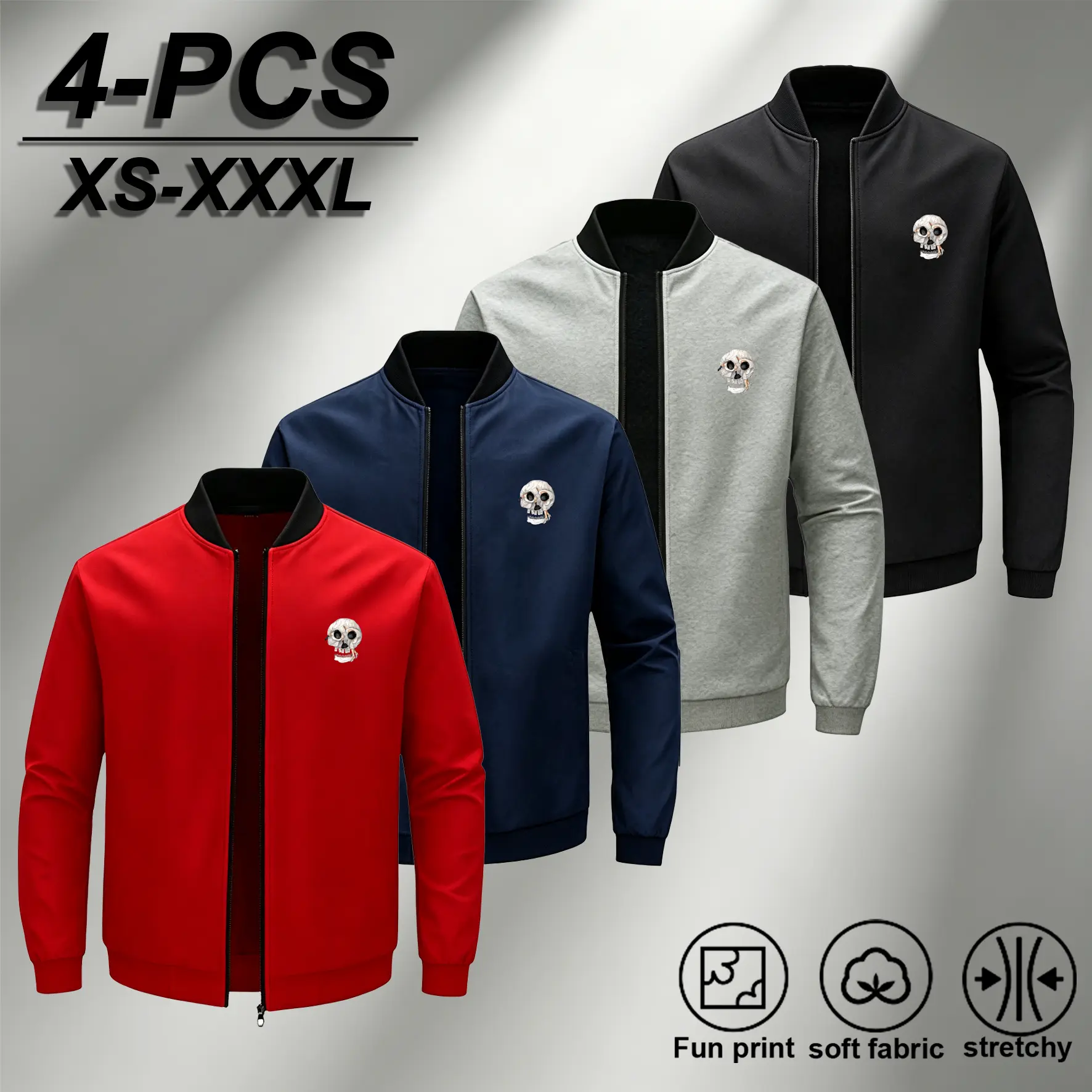 4PCS XS-XXXL Skull Print Soft Fabric Stretchy Bomber Jacket for Men in Red Navy Gray & Black,Men Zip Up Bomber Jacket Small Vintage Skull Chest Print Windproof Baseball Lightweight Streetwear Casual Outerwear, Menswear Coats Stylish Tops Tights