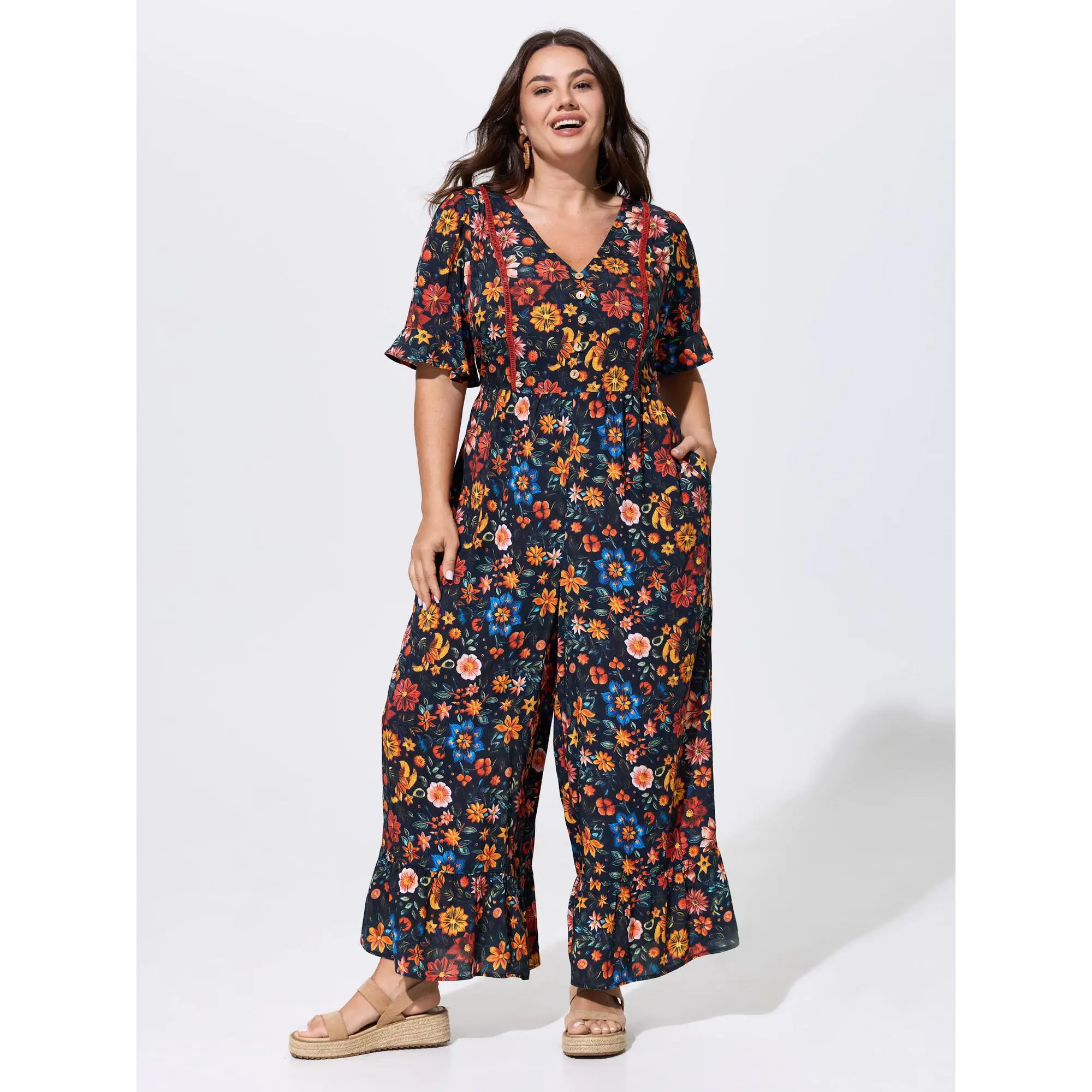 BloomChic Women's Plus Size Flower Ruffle V-Neck Wide Leg Rayon Overalls - Pocket Garment, 2026 Summer Outfits [M-6X], Bohemian, Fabric, Jumpsuits For Women, Curvy Women Plus Size