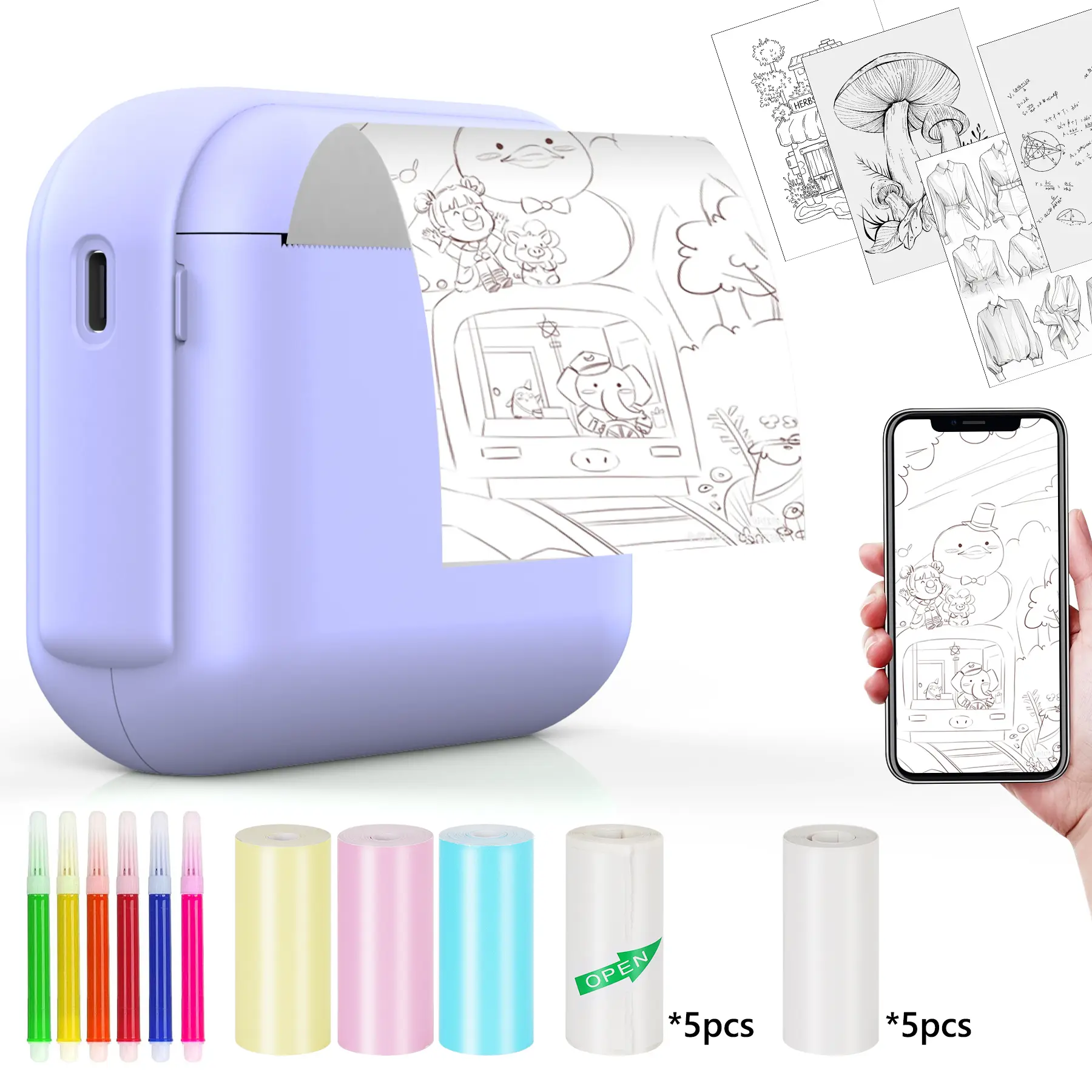 Portable Bluetooth Thermal Mini Printer for Mobile Phones, Inkless Printing Device with Instant Print for Photos, Text, Sketches, Labels, Compatible with Android/iOS, Ideal Gift for Kids, Office & School Use, Students