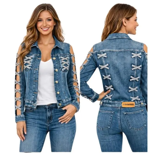 Rhinestone Cutout SKULL Bling Jean Jacket Embroidery Embellished biker Stretch Denim Ladies Rock alternative rhinestone Casual Long Sleeve Womenswear Button Chic Crystal