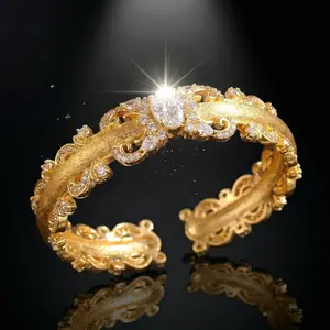 VAELUME Vintage Italian Style 18K Gold Plated Lace Bangle |   Brushed Silk Texture Filigree Cuff |   Royal Old Money Jewelry Gift for Her # B0011