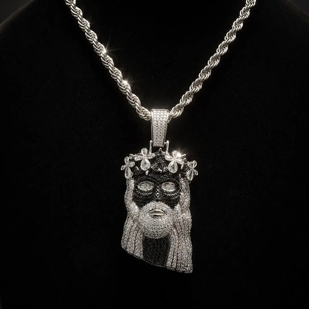 VEX Panda Two-Tone Jesus Pendant Necklace Iced Out Statement Chain Black and White High Shine Bold Look for Standout Styling