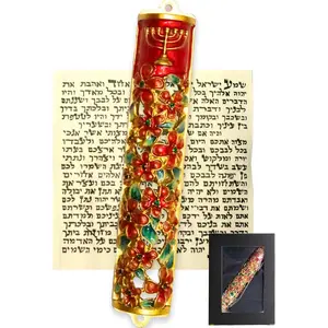 5.1" Exquisite Enamel Design Mezuzah with Scroll, Install in 15s w/Included Tape, or Permanently w/provided Screws, Blessing Red Bloom Mezuzah for Door for Any Memorable Jewish Occasions