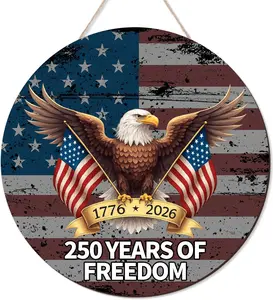 250 Anniversary 4th of July Door Sign America National Flag Eagle 250 Years of Freedom 1776-2026 Door Wreath Patriotic Independence Door Hanger for Front Door Wooden Wall Decor Hanging Sign for Home Porch Outdoor Decor