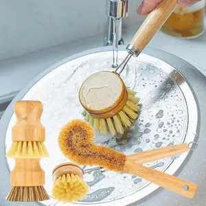 Bamboo Dish Brushes Sets 4 Tools in One Kitchen Clean Dish Scrubber for Pots Pans Bottles with Natural Bristles (Bamboo Brushes Sets)