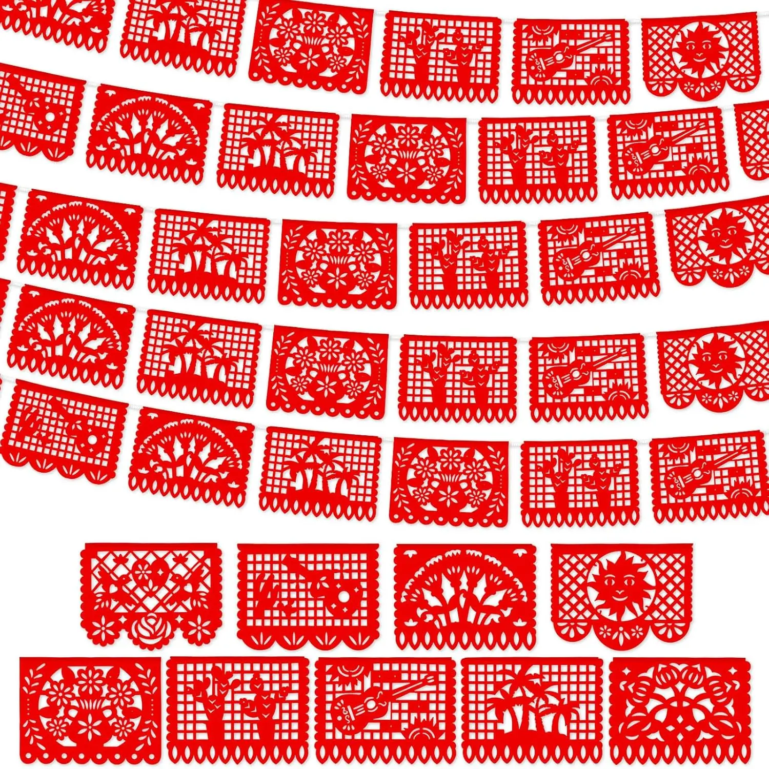 Traditional Plastic Mexican Papel Picado Banner Set, 4-Pack 59 ft Lightweight Red Banner for Cinco De Mayo, Wedding Festive Home & Party Supplies Backdrops