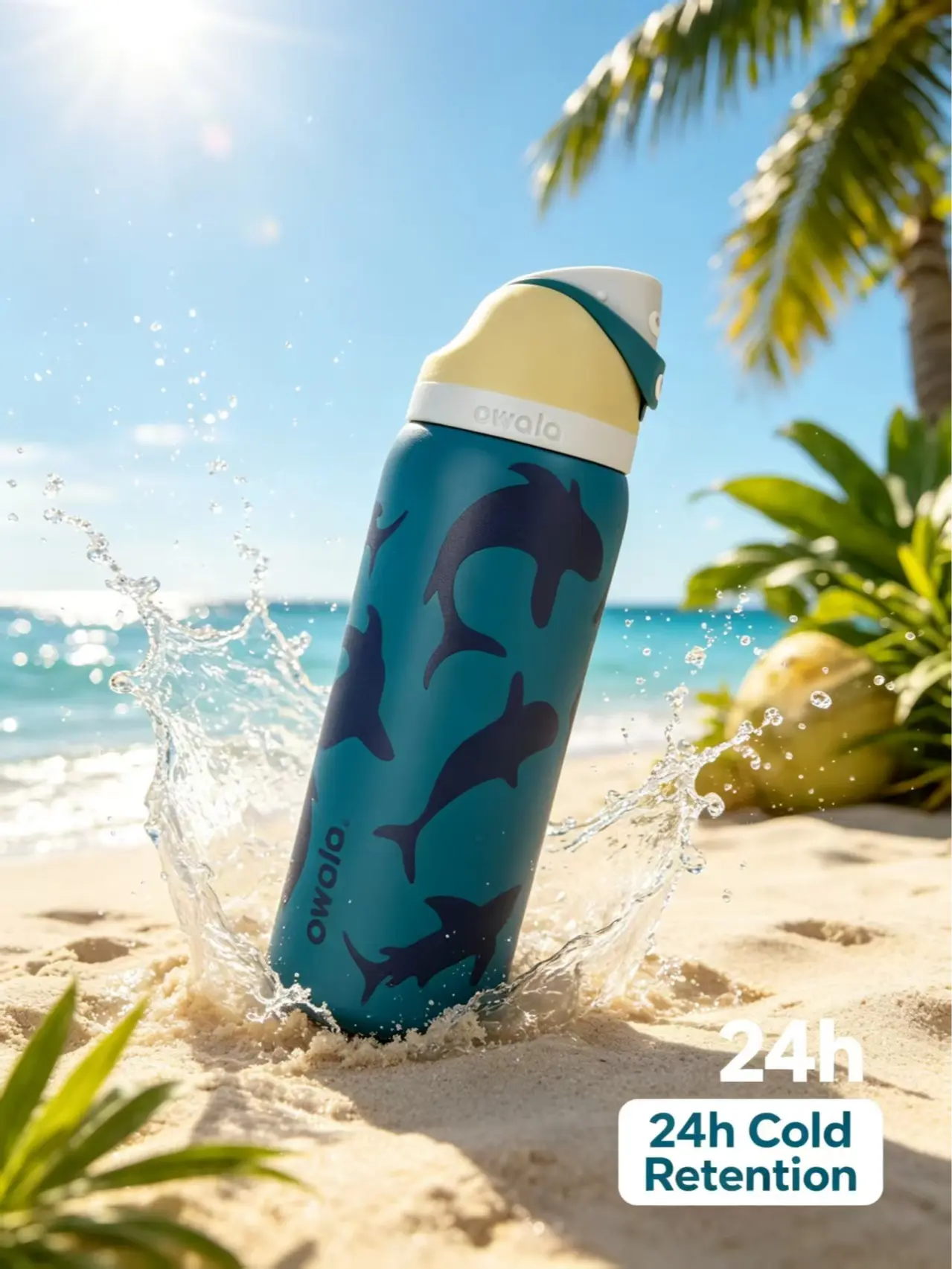 32oz Owala FreeSip Water Bottle - Shark Print Insulated Stainless Steel Bottle, Leakproof Flip-Top Lid, 24hr Cold, BPA-Free, Cute Ocean Blue Tumbler for School, Gym, Travel, Sports