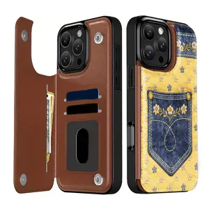 Phone case: Embossed denim pattern patent leather synthetic leather texture wallet style flip phone case, hand sewn, with magnetic card slot, suitable for iPhone 17/16/15/14/13/12/Pro/ProMax/Plus/Air series, birthday gift, holiday gift, couple phone case