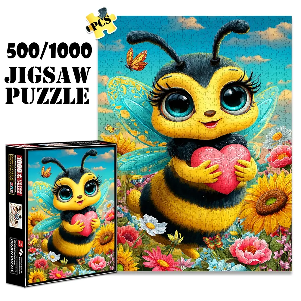 1pc 1000 piece adult puzzle 70x50cm Cute Bee with Heart in Flower - filled Field and Butterflies 500 pieces paper jigsaw puzzle suitable for DIY creative games for adults and families, birthday an