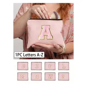 Printed Patchwork Makeup Bag for Women, Small Bag with A-Z Towel Embroidery, Portable Reusable Travel Toiletry Organizer, Multi-Functional Gift, Makeup Pouch