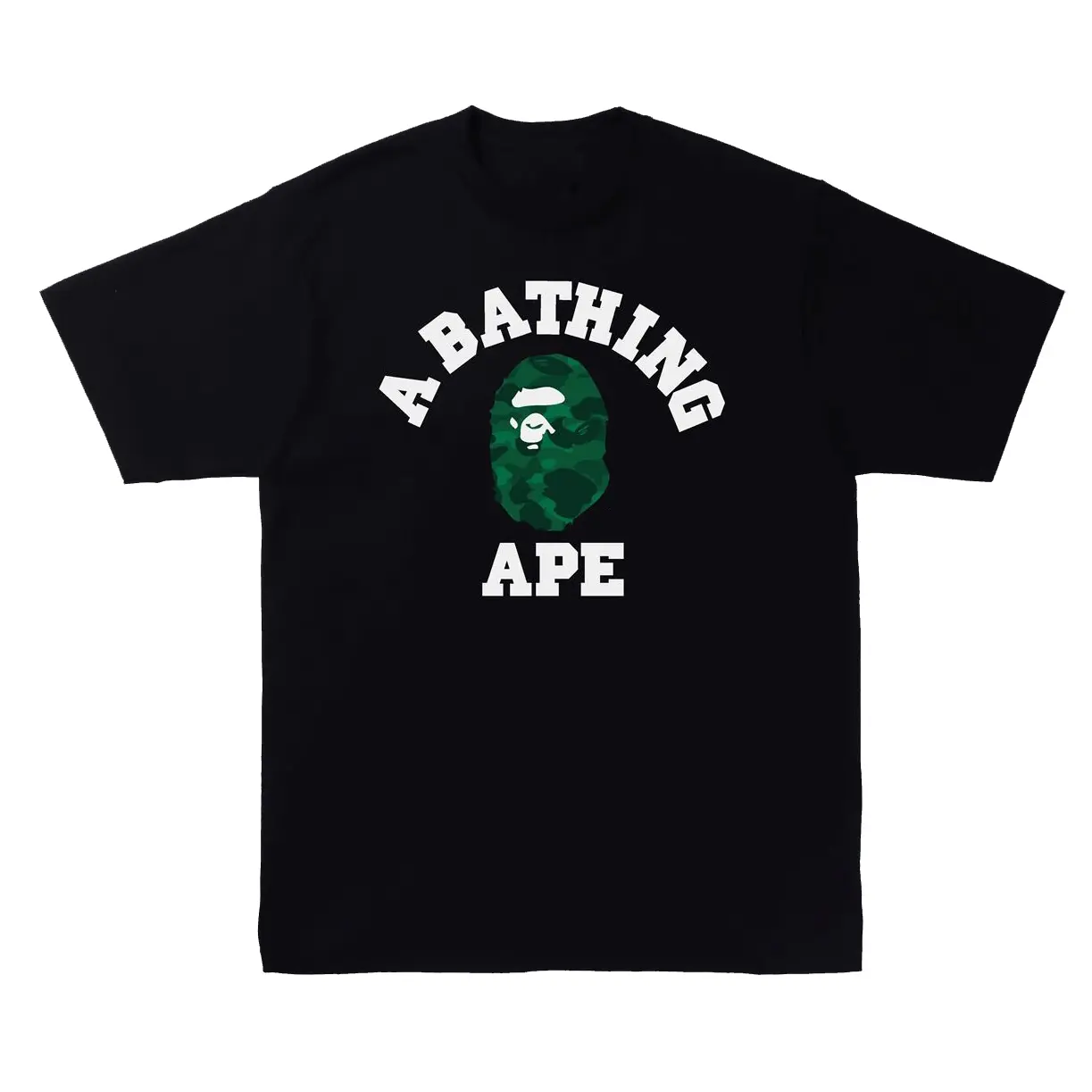 TRENDING 2026 Green Camo Tee Short Sleeve Crew Neck Casual Summer T-Shirt with Varsity Arch Lettering and Ape Head Graphic