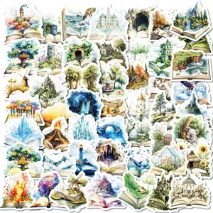 Book & Forest & Castle & Floral Pattern Sticker, 50pcs/set Creative Decorative Sticker, Stickers Kit, DIY Decals for Water Bottle, Laptop, Phone Case, Scrapbooking, Journal Making