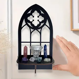 Gothic Style Wooden Wall Mount Shelf with Hooks, Vintage Church Window Grid, Bar/bedroom/home Office Decor Art Rack, Crystal Stone Storage, Multiple Styles Available