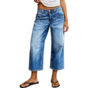 Flamingals Wash Patched Pocket Mid Waist Straight Leg Crop Jeans Stretchy 24.4'' Inseam