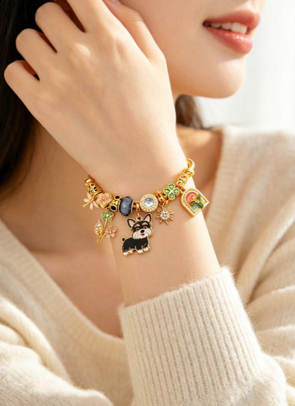 Tone Gold Twisted Wire Open Bangle Cute Schnauzer Dog Clover Floral Rhinestone Enamel Charm Bracelet Women Pet Lover Jewelry Gift Tone Gold Twisted Wire Open Bangle Cute Schnauzer Dog Clover Floral Rhinestone Enamel Charm Bracelet Women Pet Lover Jewelry Gift