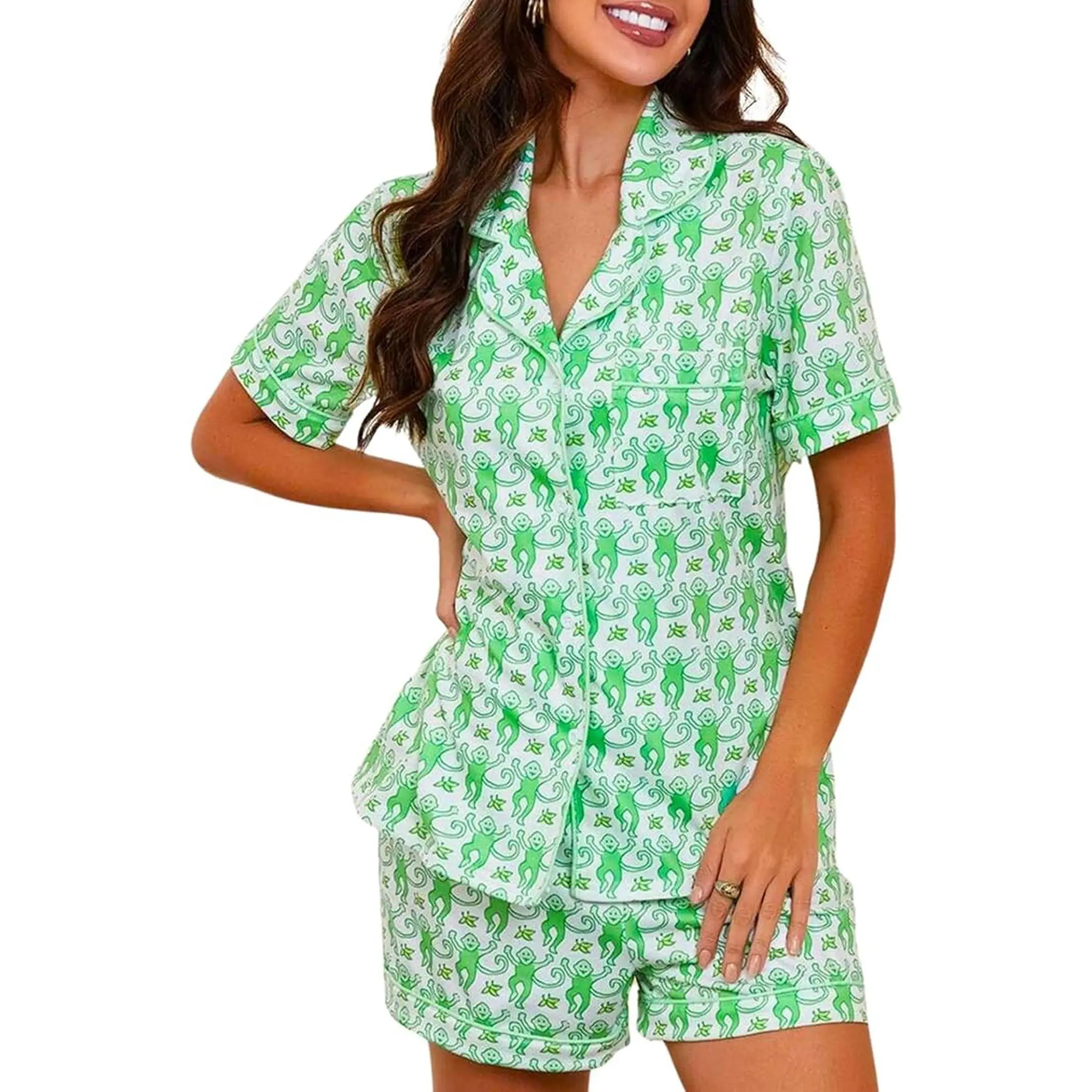 2025 Y2K Green Womens Pajamas Set: Button Down Top and Shorts - Monkey Beach Sleepwear Preppy