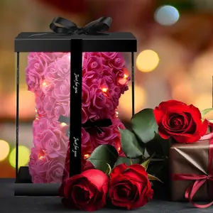 Cute Bear Rose Flower with Light Pink Indoor Table Decor Gift for Women Mom Wife Girlfriend