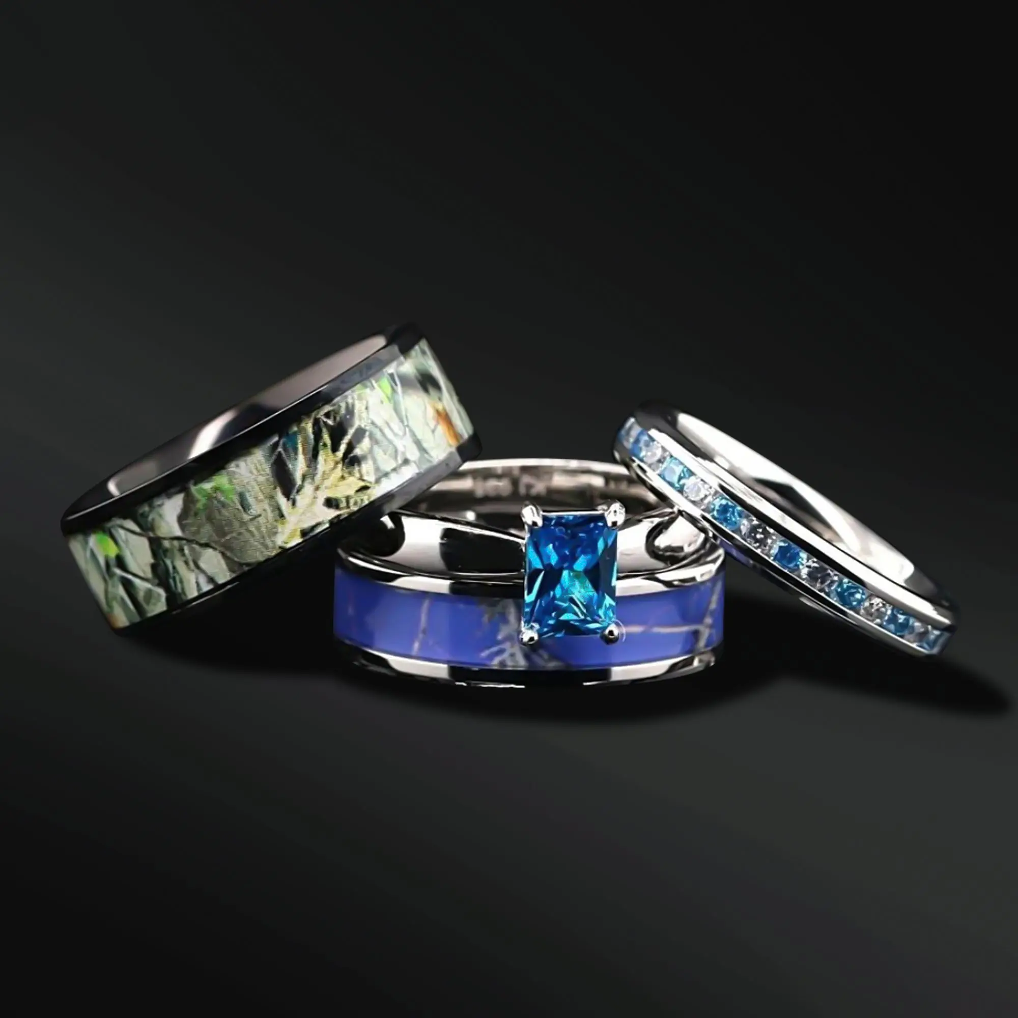 Blue Camo Wedding Set with Sapphire Engagement Ring (4pc)