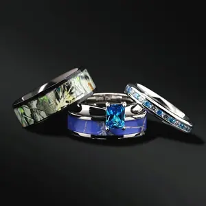 Blue Camo Wedding Set with Sapphire Engagement Ring (4pc)