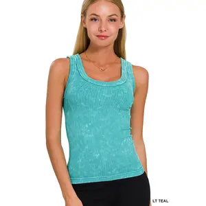 2 way neckline washed ribbed cropped tank top scoop & boat neck Zenana