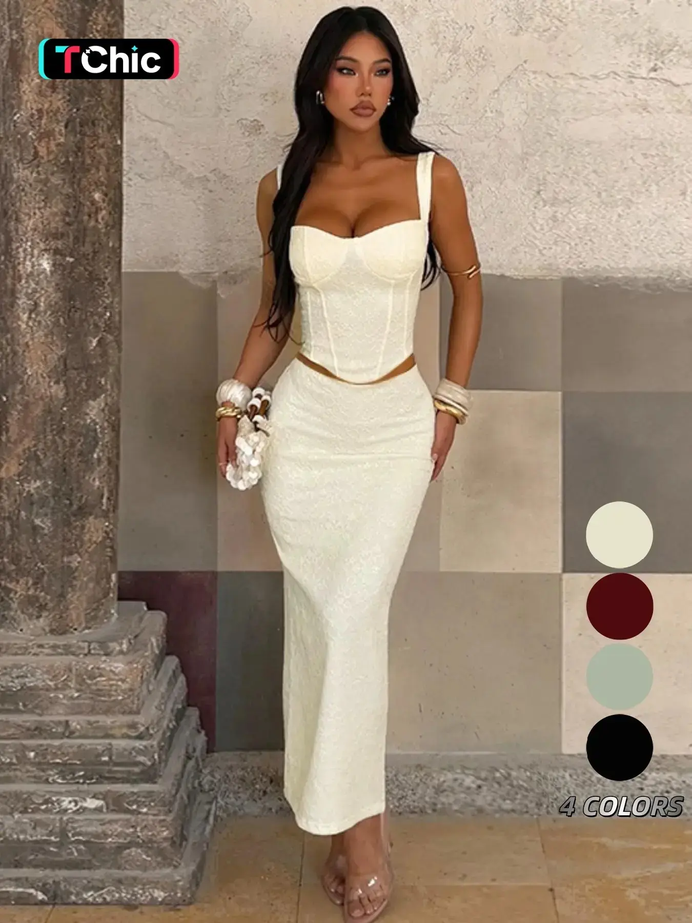 Women's Lace Corset Two-Piece Set - Casual Elegant Sleeveless Bustier & Bodycon Maxi Skirt for Wedding Guest/Party Outfit Womenswear