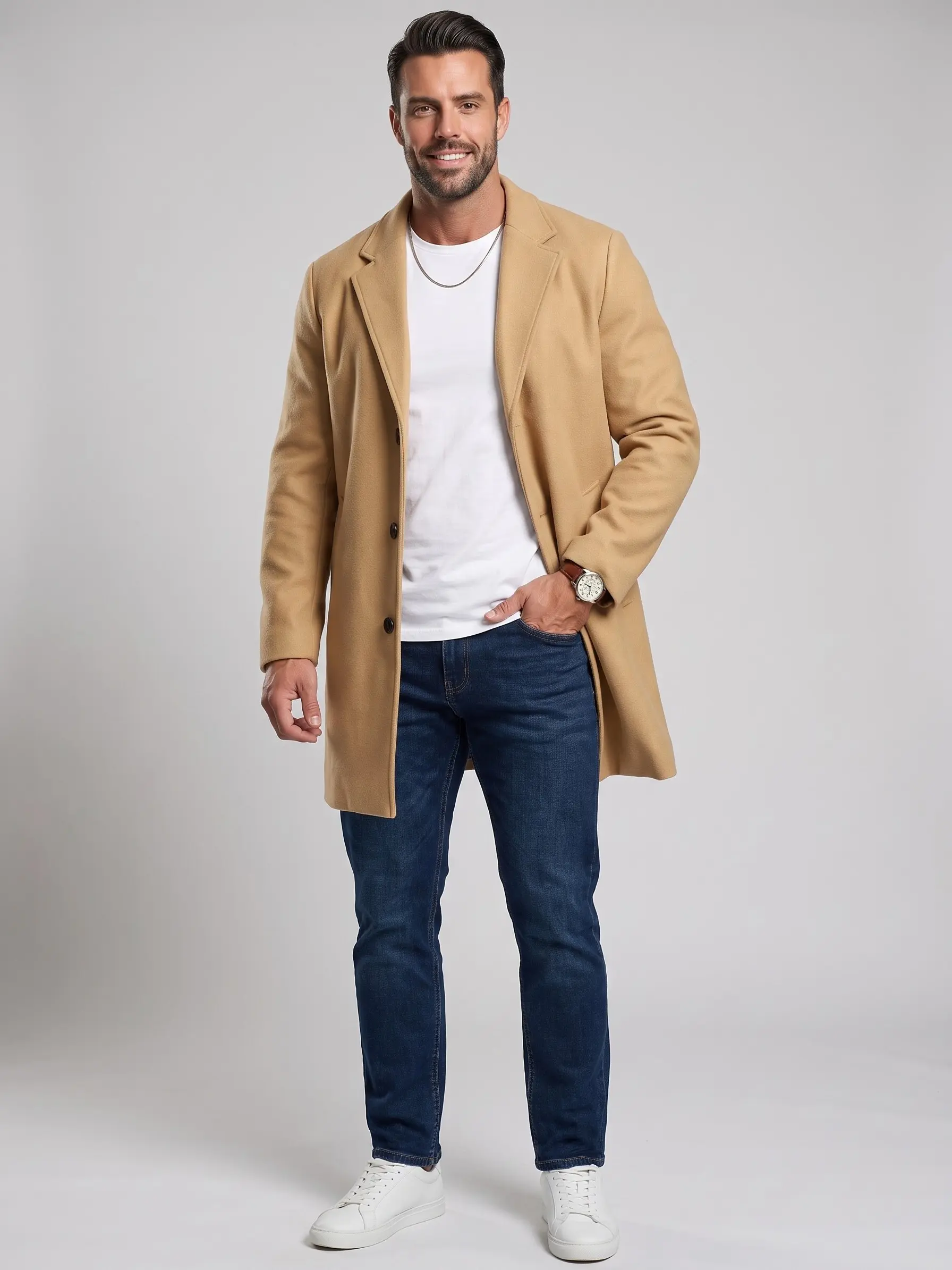 KZZ Men's Classic Midi Button-Up Coat, Casual Solid Warm Long-Sleeves Regular-Fit Outerwear with Easy Button Front, Lapel Neck for Fall & Winter Daily Wear, Casual Outfit Boost,clothes for back to school,first day of school outfits