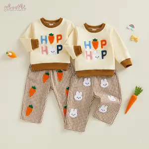 Toddler Girl Boy Easter Outfit Long Sleeve Crew Neck Carrot Rabbit Embroidery Sweatshirt and Plaid Pants Set