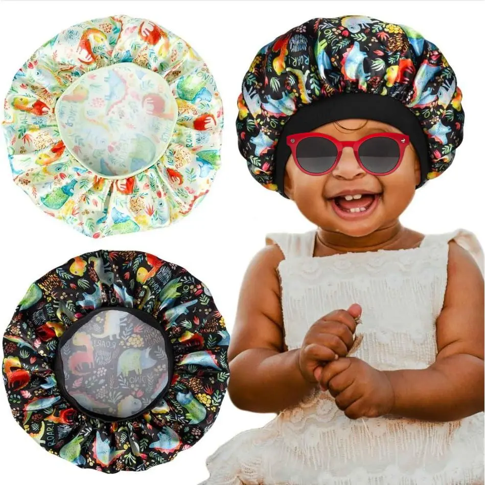 S-34 Kids Satin Bonnet Baby Sleep Cap Dinosaur Wide Elastic Band Soft Silk Double Layer Night Hair Hats for Teens Toddler Child Baby