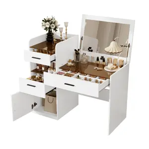 White 3-in-1 Compact Vanity Desk with Flip-Top Mirror & Amber Glass Top Makeup Vanity with Hidden Storage 3 Drawers & Cabinet Space-Saving Dressing Table for Bedroom
