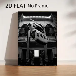 [2D Flat]1pc Vintage Flying Car HD Canvas Decorative Painting 11.8* 15.7inch (30* 40cm ) with Wooden Frame - Black and White Nostalgic Car Wall Home Decoration, Can Be Directly Hung in Living Room, Bedroom