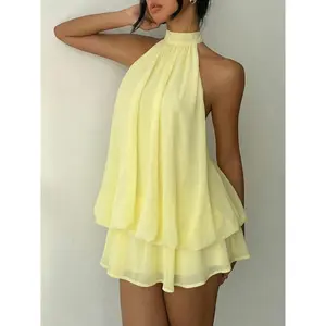 Women's Summer Fashion Party Halter Neck Tie Back Mini Dress, Slim-Fitting Casual Elegant Short Sleeveless Dress for Home Outdoor City Style