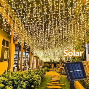 Solar Waterproof Christmas Fairy Tale Lamp with 96/162LEDs LED lights, Garland LED Curtain Icicle Lights Festoon Outdoor Droop String Lights for Garden Street Eaves Christmas Decor Party & Indoor Use